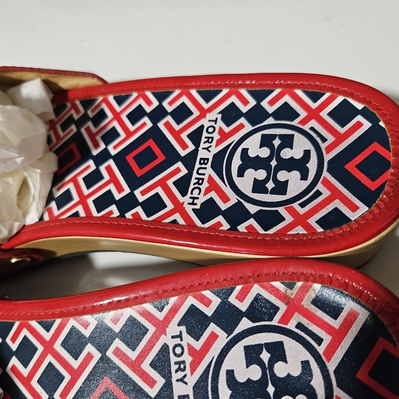 Tory Burch Dixon Patent Leather Wood Slides size 8 Womens Shoes Red Blue clogs - Picture 6 of 16